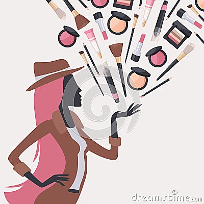 Woman silhouette with beauty cosmetics, vector illustration. Makeup catalog cover, face skin care accessories Vector Illustration