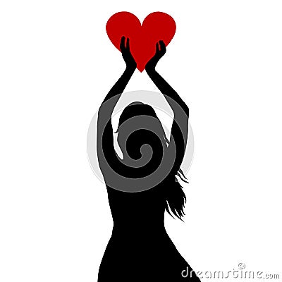 Woman silhouette holding a big red heart in her hands Vector Illustration