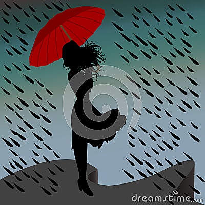 Woman silhouette in the rain with an umbrella Vector Illustration