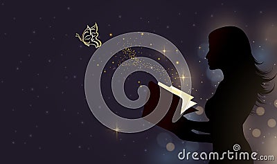 Woman silhouette with magic book, wish come true concept Vector Illustration