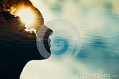 Woman silhouette with sun in head with copy space. Multiple exposure image. Stock Photo