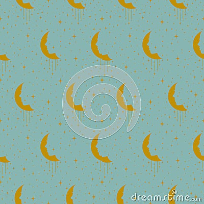 Woman silhouette yellow-blue seamless pattern. Abstract celestial elements. Vector Illustration