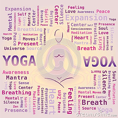 Woman Silhouette in Yoga Posture surrounded with Words - Word Cloud Yoga Vector Illustration