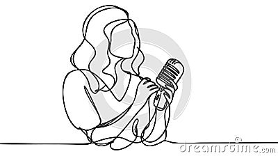 Woman sing a song continuous one line drawing of singer music person. Singer in continuous line art drawing style. Vector Illustration