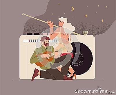 Woman sing song and man play the guitar on radio. Radio channel popular retro music track. World radio day Vector Illustration
