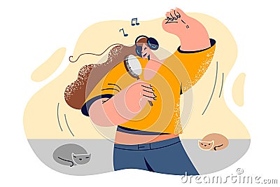 Woman sing using hairbrush instead of microphone and listening to music on headphones Vector Illustration