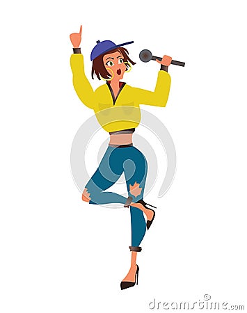 Woman singer with microphone in hand. Vector illustration, on white background. Vector Illustration