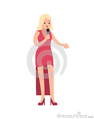 Woman singer. Vocalists musical performance, girl stands in red dress with microphone and sings song, karaoke or pop Vector Illustration