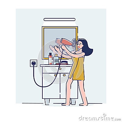Woman singing in hair dryer. Happy cartoon girl in towel positive and cheerful after having bath Vector Illustration
