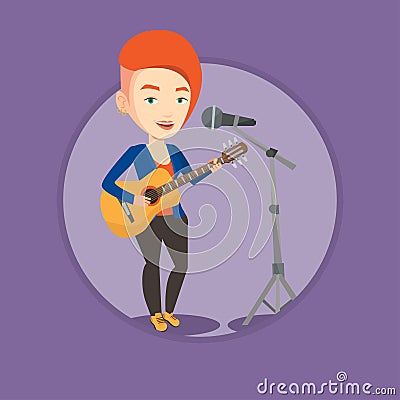 Woman singing in microphone and playing guitar. Vector Illustration