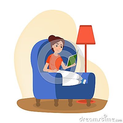 Woman sit in armchair in comfort and reading Vector Illustration