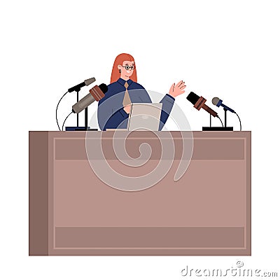 Woman sit at the tribune with laptop speaking to microphones. Speaker at the Forum, conference about Gender Equality. Vector Illustration