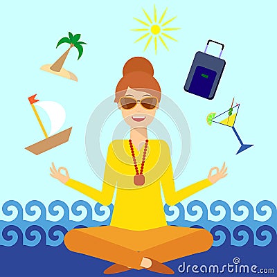 Woman sits against sea in yoga lotus 2 Vector Illustration