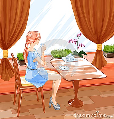 Woman sits in cafe and drink coffee Vector Illustration