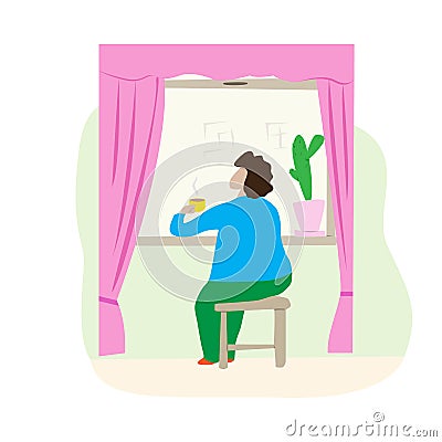 Woman sits on a chair by the window and drinks tea. Cartoon scene tea party at home alone. Elderly lady looks out the window Vector Illustration