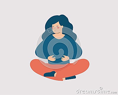 Woman sits on the floor and doing yoga breathing exercices. Girl makes an inhale and exhale while sitting in pose lotus. Vector Illustration