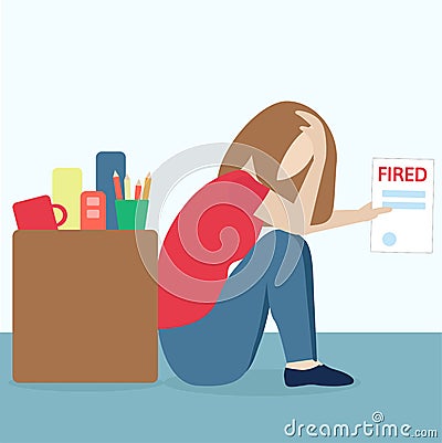 Woman sits on the floor holds a document of dismissal. Tears, sadness. Job loss Cartoon Illustration