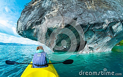 Woman sits in kayak Stock Photo