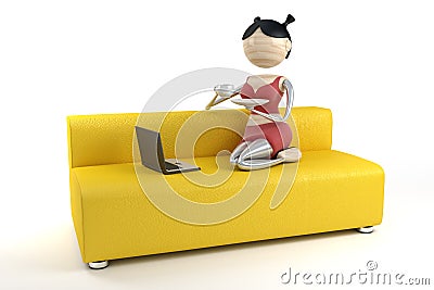 Woman sits on the sofa, drinks coffee Stock Photo