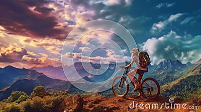 Woman sits sports bike on mountain top, cyclist rests sky background Stock Photo