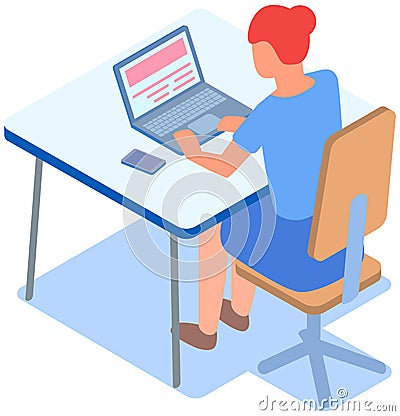 Woman sits at table and works with text on laptop. Female character at workplace is working on pc Vector Illustration