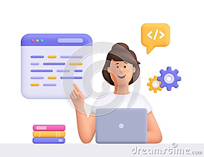 Woman sits at a table and writing code, create software, using laptop. Software and web development, programming and coding Stock Photo