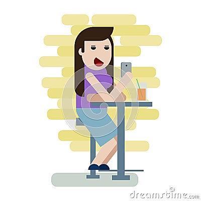 Girl sitting in the bar with phone and drinking a beer Vector Illustration