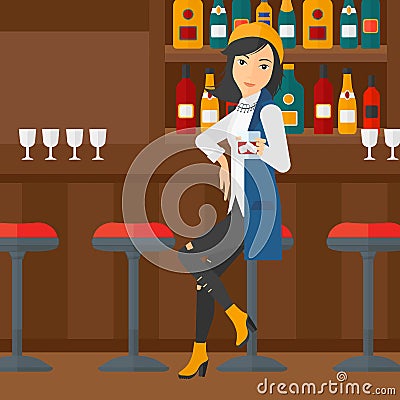 Woman sitting at bar. Vector Illustration
