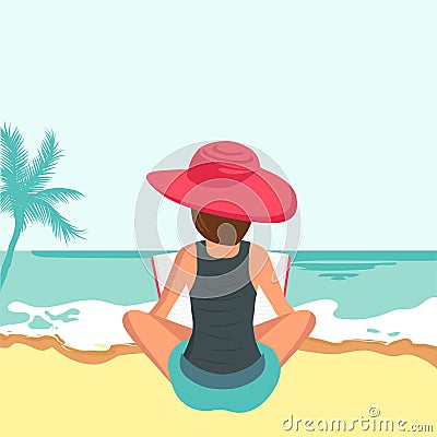 Woman sitting on beach. Concept for vacation, holiday and travel. Summer time. Woman reading book on the beach. Flat vector illust Cartoon Illustration