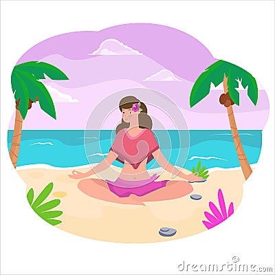 Woman sitting on the beach in yoga pose on sunset. Vector Illustration