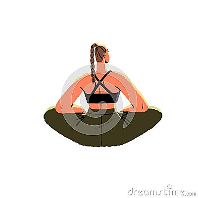 Woman sitting with calm breath in yoga pose back view. Person relax in retreat, care about wellness.Vipassana meditation Vector Illustration