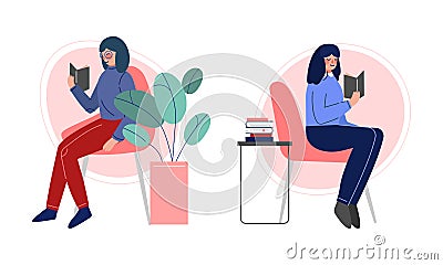 Woman Sitting on Chair and Reading Interesting Book Vector Set Vector Illustration