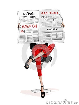 Woman sitting on chair and reading newspaper. Woman wearing red trousers. Girl holding newspaper. Stock Photo