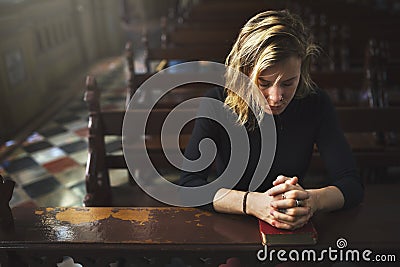 Woman Sitting Church Religion Concept Stock Photo