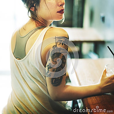 Woman Sitting Coffeeshop Relaxation Concept Stock Photo