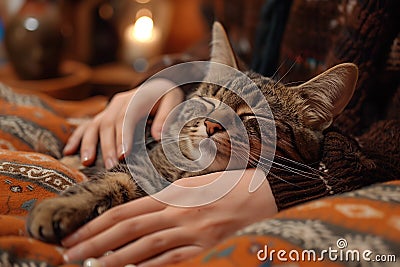 A woman sitting on a couch petting a cat with a massage Stock Photo