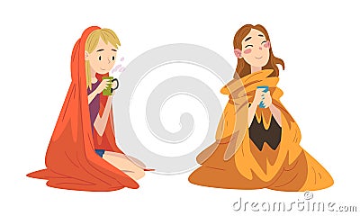 Woman Sitting Covered with Cozy Plaid Enjoying Hot Drink in Mug Vector Set Vector Illustration