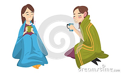 Woman Sitting Covered with Cozy Plaid Enjoying Hot Drink in Mug Vector Set Vector Illustration