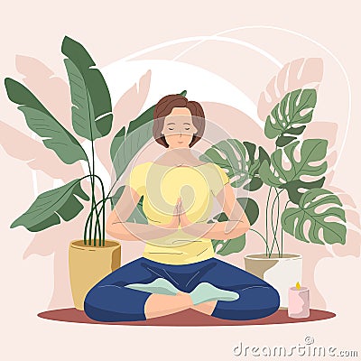 Woman sitting cross-legged and meditating at home on background of houseplants. Concept illustration for practicing yoga. Stock Vector Illustration