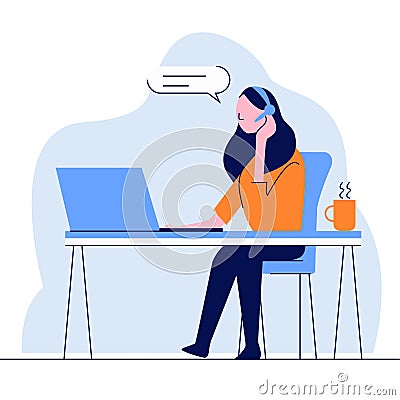 Woman sitting at desk with computer responding to call. Vector Illustration