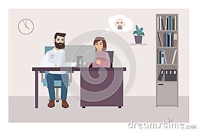 Woman sitting at desk with policeman, looking at computer screen and trying to identify criminal using photo. Crime Vector Illustration