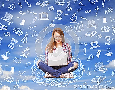 Woman sitting on drawing cloud Stock Photo