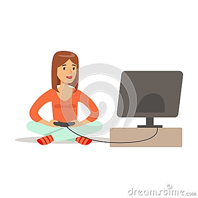 Woman Sitting On The Floor With Joystick,Part Of Happy Gamers Enjoying Playing Video Game, People Indoors Having Fun Vector Illustration