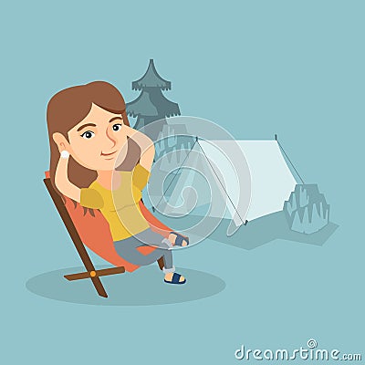 Woman sitting in a folding chair in the camping. Vector Illustration
