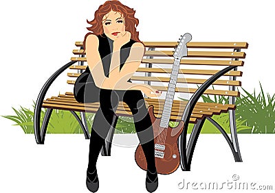 Woman sitting with guitar on the wooden bench Vector Illustration