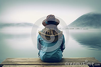 A woman sitting with her back to a jetty looks relaxedly at the mountains on the other side of the lake, taking a break from her Stock Photo