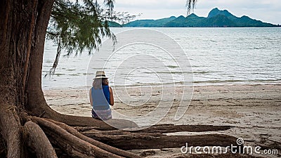 Woman sitting on large tree roots on the beach looking at her phone Stock Photo