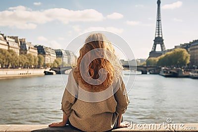 Woman Sitting on Ledge, Looking at Eiffel Tower, Young traveler woman rear view sitting on the quay of Seine River looking at the Stock Photo