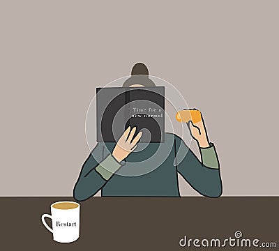 Woman sitting in living room with book`Time for new normal`and her restart white coffee cup.What will be The new normal after COVI Stock Photo