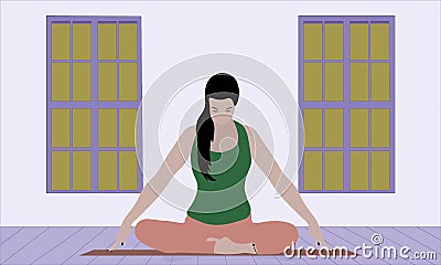 The woman sitting in lotus pose on a yoga mate in a room with windows, doing pranayama breath exercise. Relaxation and Vector Illustration